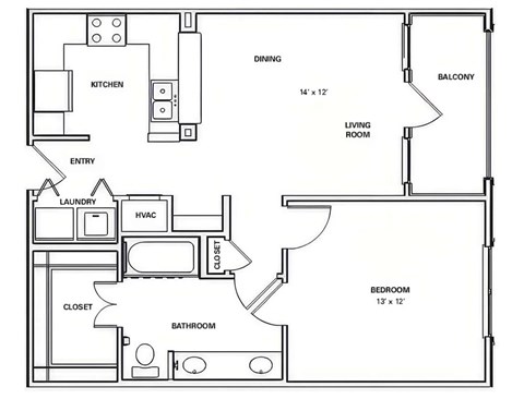 A floor plan of a home with a kitchen, living room, dining area, bathroom, bedroom, laundry, and closet.